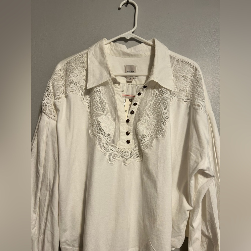 Anthropologie Ivory Maeve Balloon Collared Sleeved Yoke Top - Picture 6 of 10